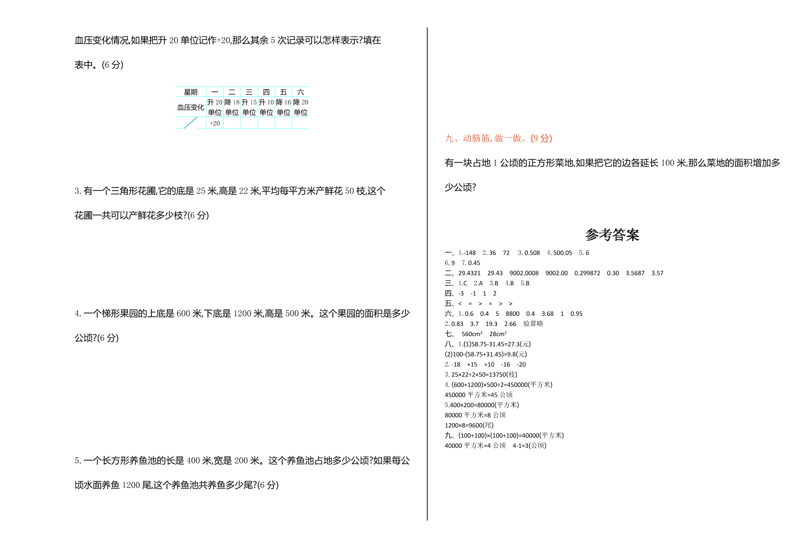 苏教版五年级数学上册期中测试卷及答案