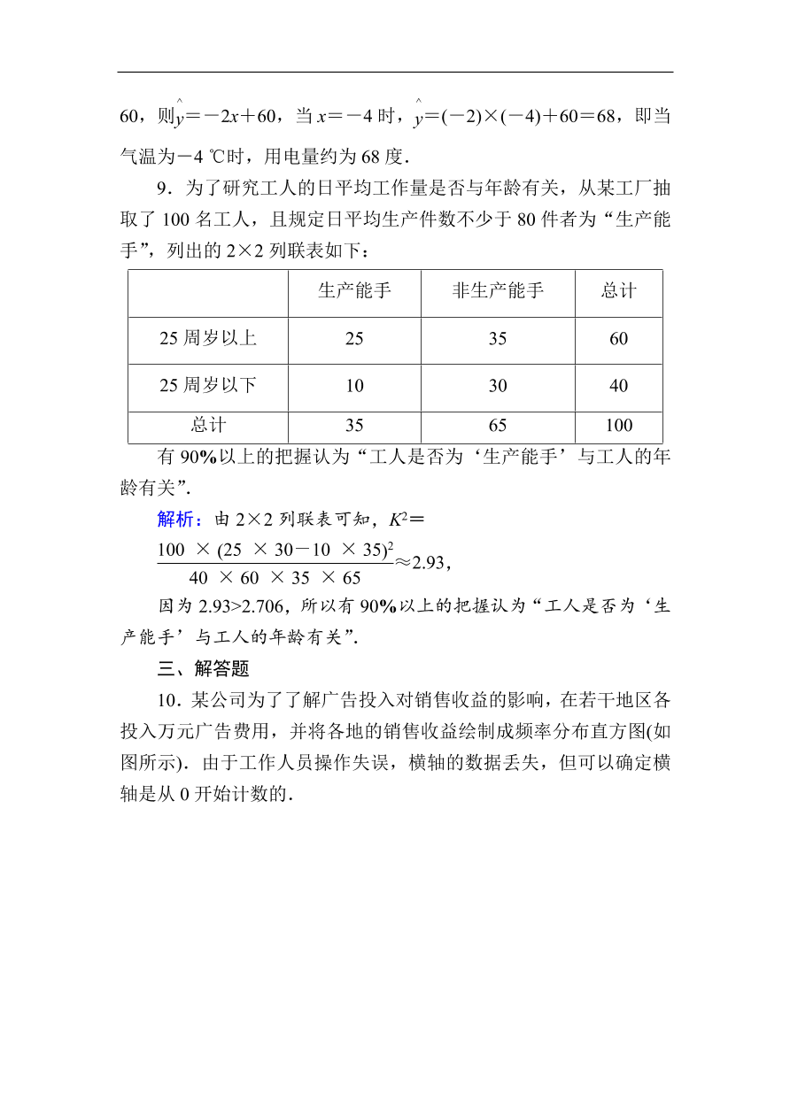 2020版高考数学人教版理科一轮复习课时作业61 变量间的相关关系、统计案例（含解析）