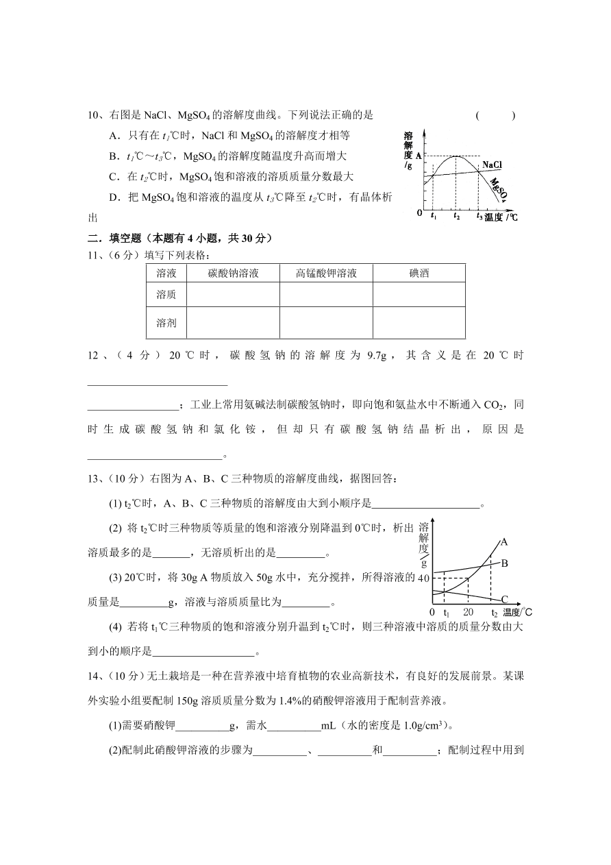 九年级化学下册 第9单元测试