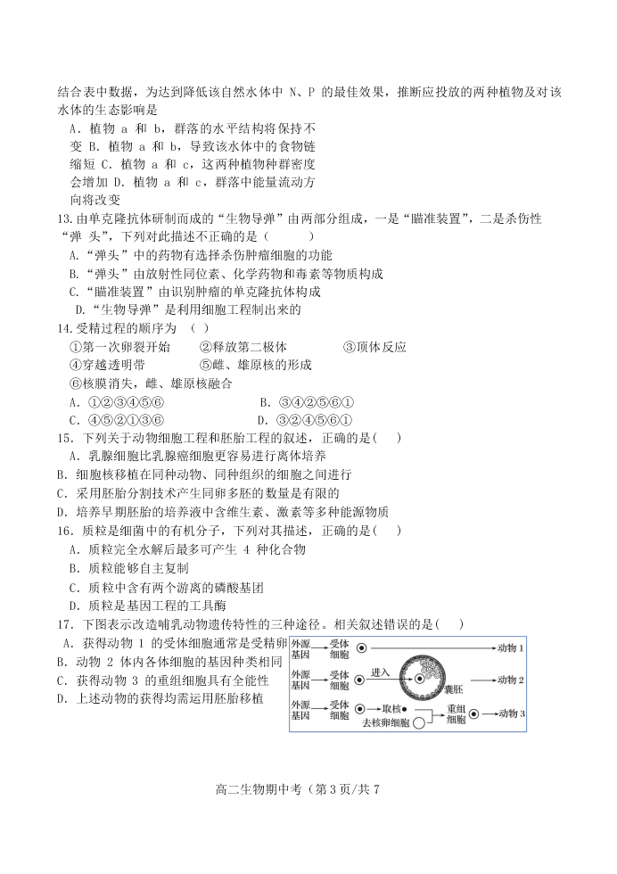 2020届广东省汕头市金山中学高二下生物期中考试试题（无答案）