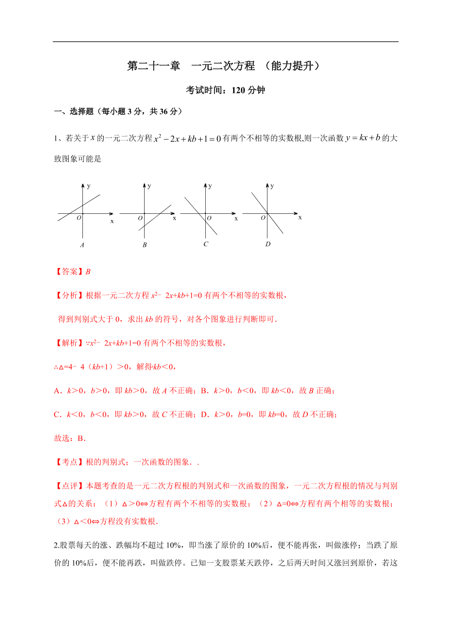 2020-2021学年初三数学第二十一章 一元二次方程（能力提升）