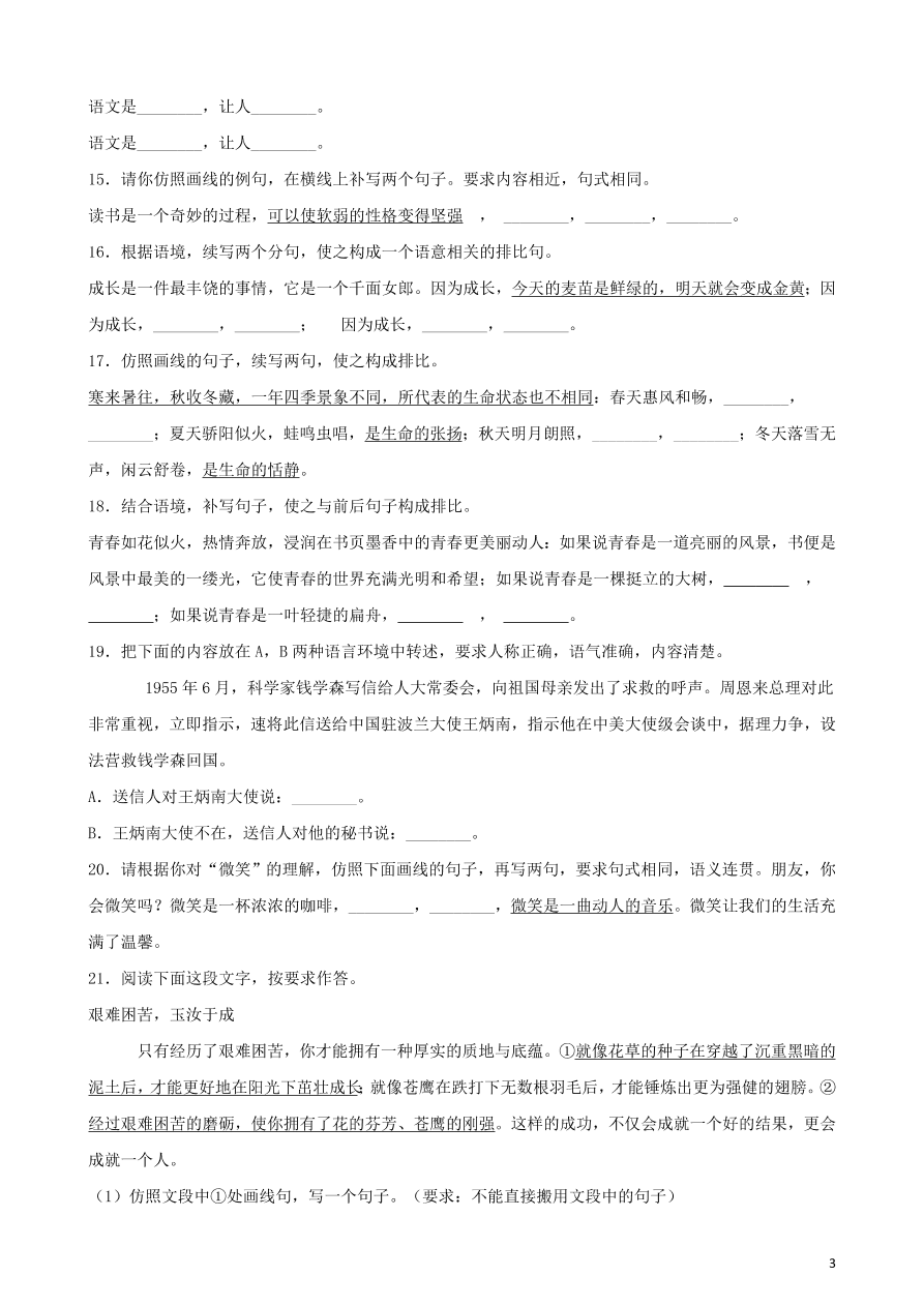 2020-2021中考语文一轮知识点专题06句式变换与仿写