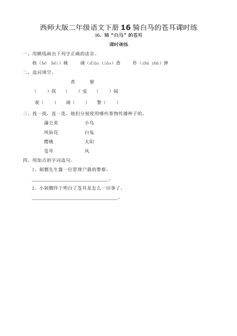 西师大版二年级语文下册16骑白马的苍耳课时练