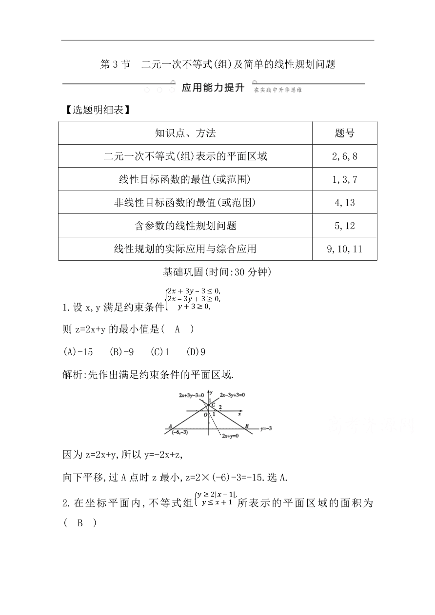 高中导与练一轮复习理科数学必修2习题 第六篇 不等式 第3节 二元一次不等式（组）及简单的线性规划问题（含答案）