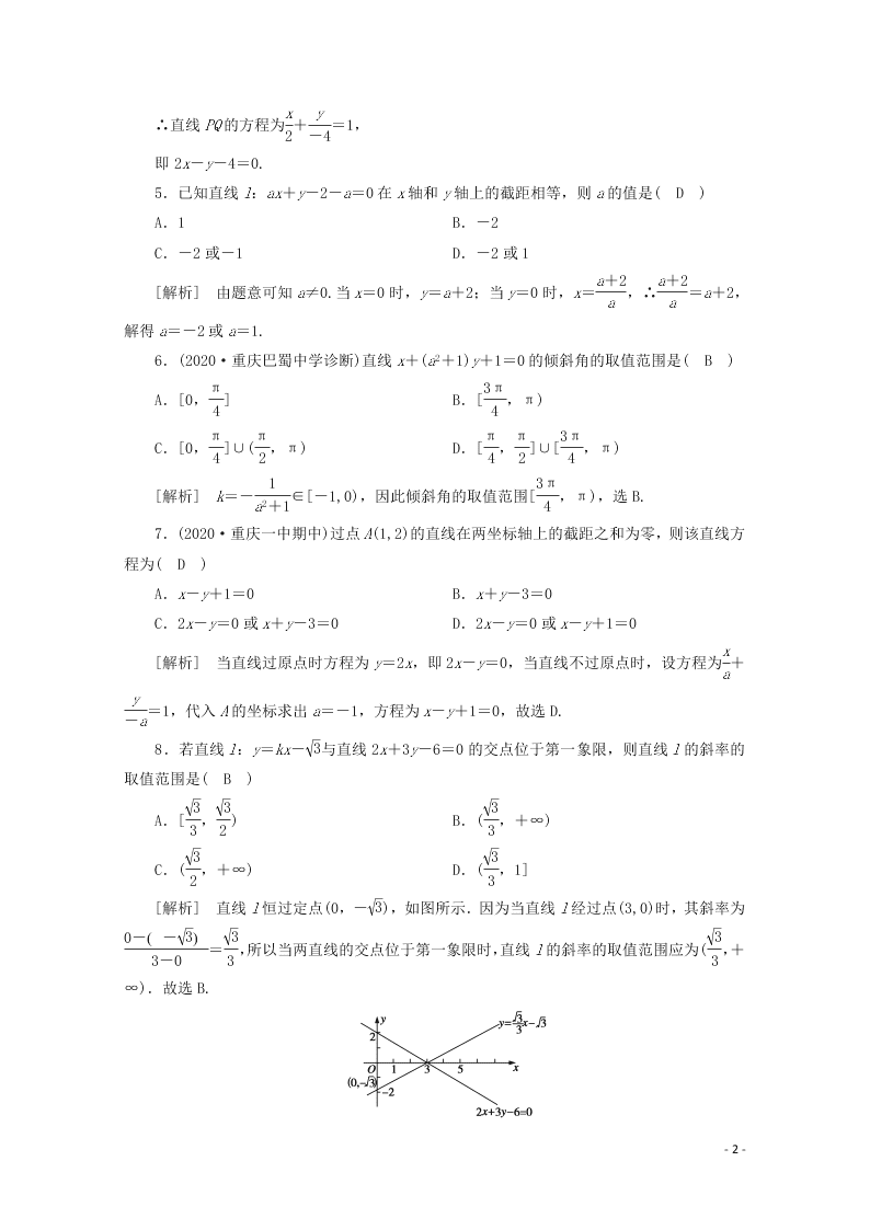 2021版高考数学一轮复习 第八章50直线的倾斜角、斜率与直线的方程 练案（含解析）