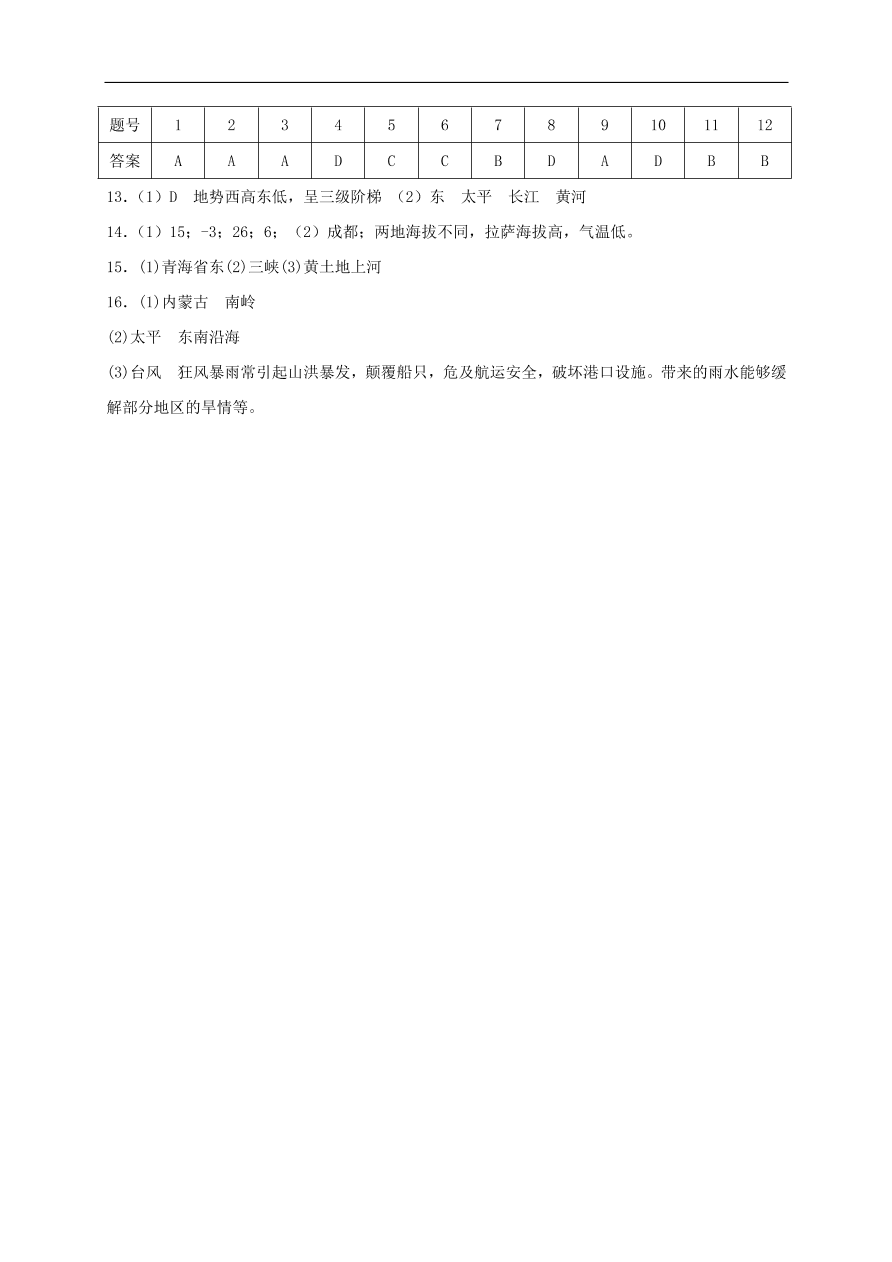 新人教版 八年级地理上册第二章中国的自然环境资源单元综合测试(含答案）