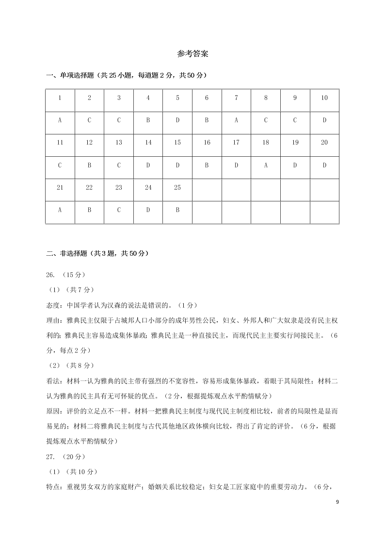 甘肃省兰州市第一中学2020学年高二历史下学期期末考试试题（含答案）