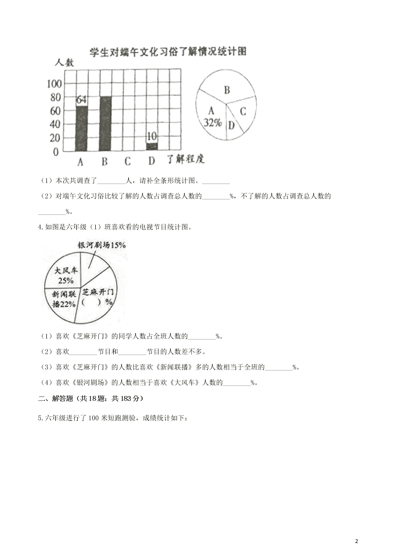 六年级数学上册专项复习七扇形统计图的应用试题（带解析新人教版）