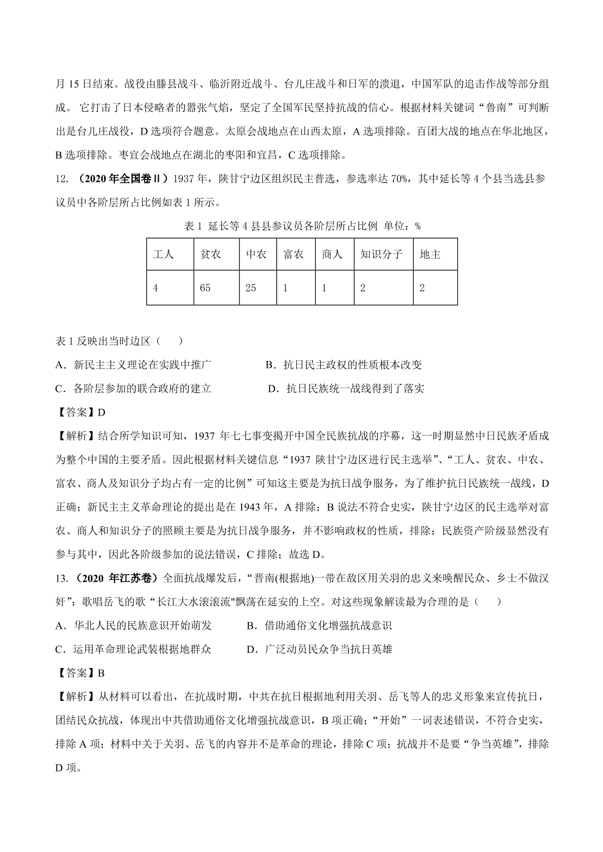 2020-2021年高考历史一轮复习必刷题：抗日战争与解放战争