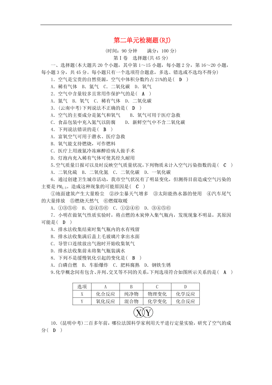 2018秋九年级化学上册第2单元我们周围的空气测试卷新版新人教版