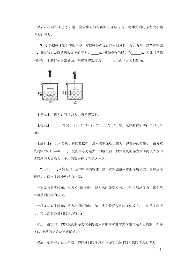 新人教版2020八年级下册物理知识点专练：10.1浮力（含解析）