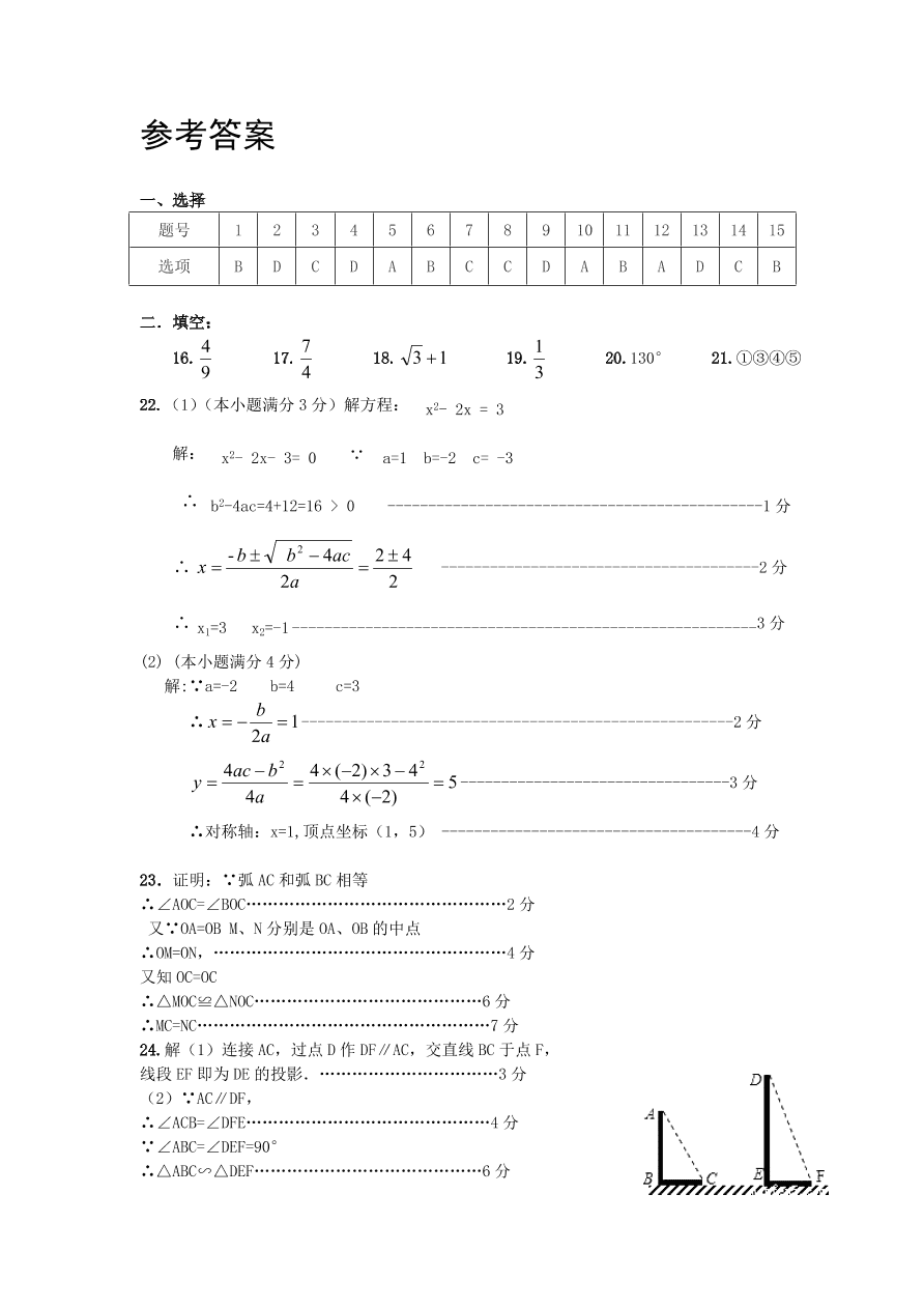 山东省长清区九年级数学上册期中测试卷及参考答案