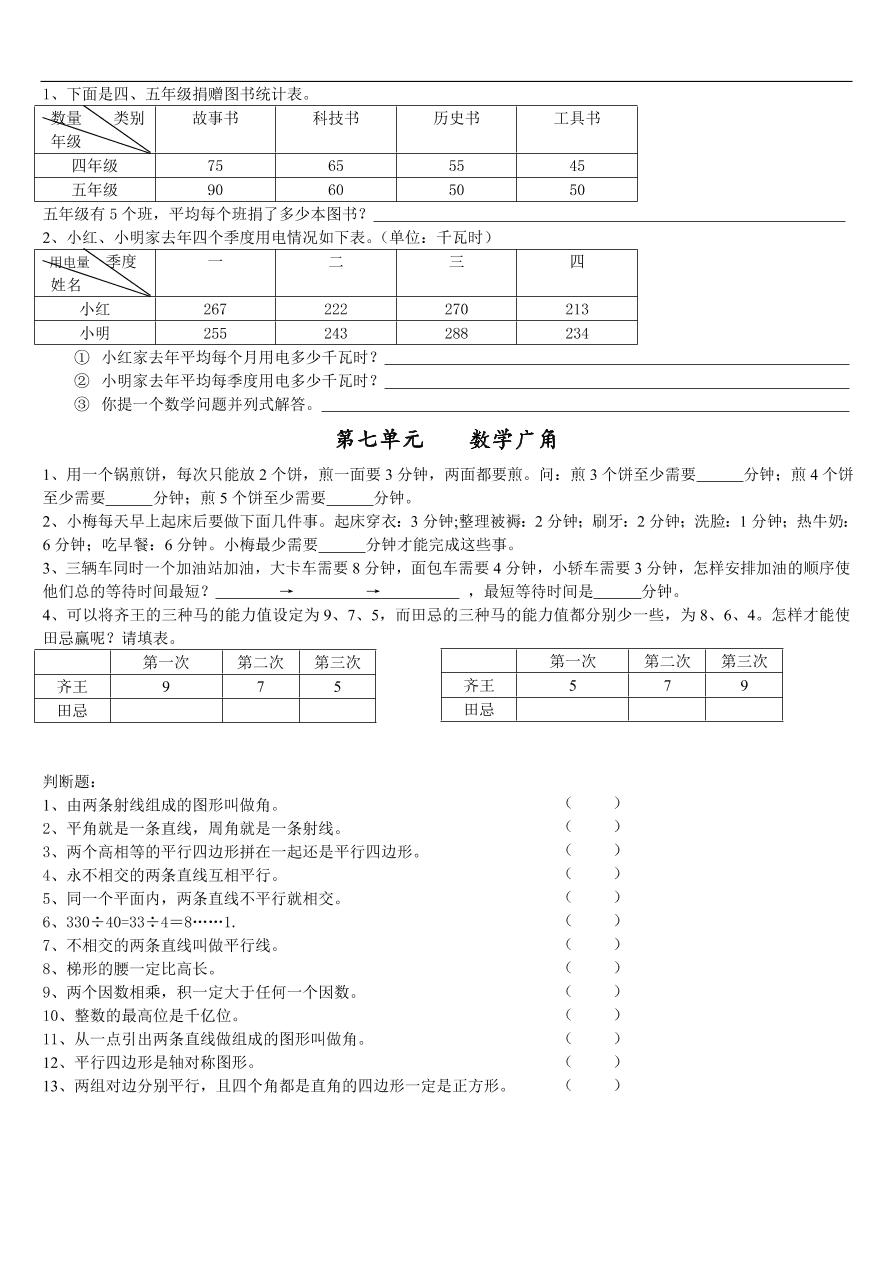 2020年人教版小学四年级数学上学期各单元期末复习