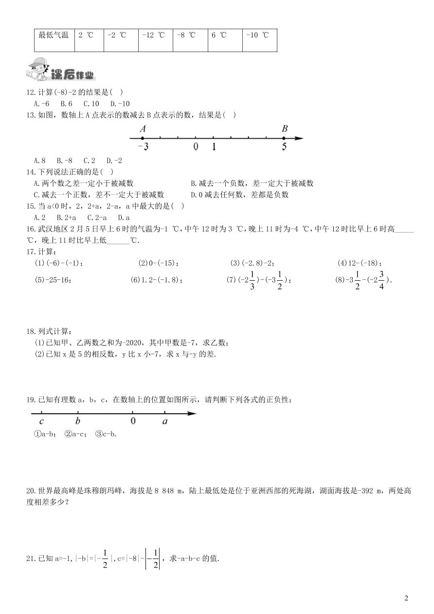 七年级数学上册第1章有理数1.4.2有理数的减法第1课时有理数的减法练习及答案（湘教版）