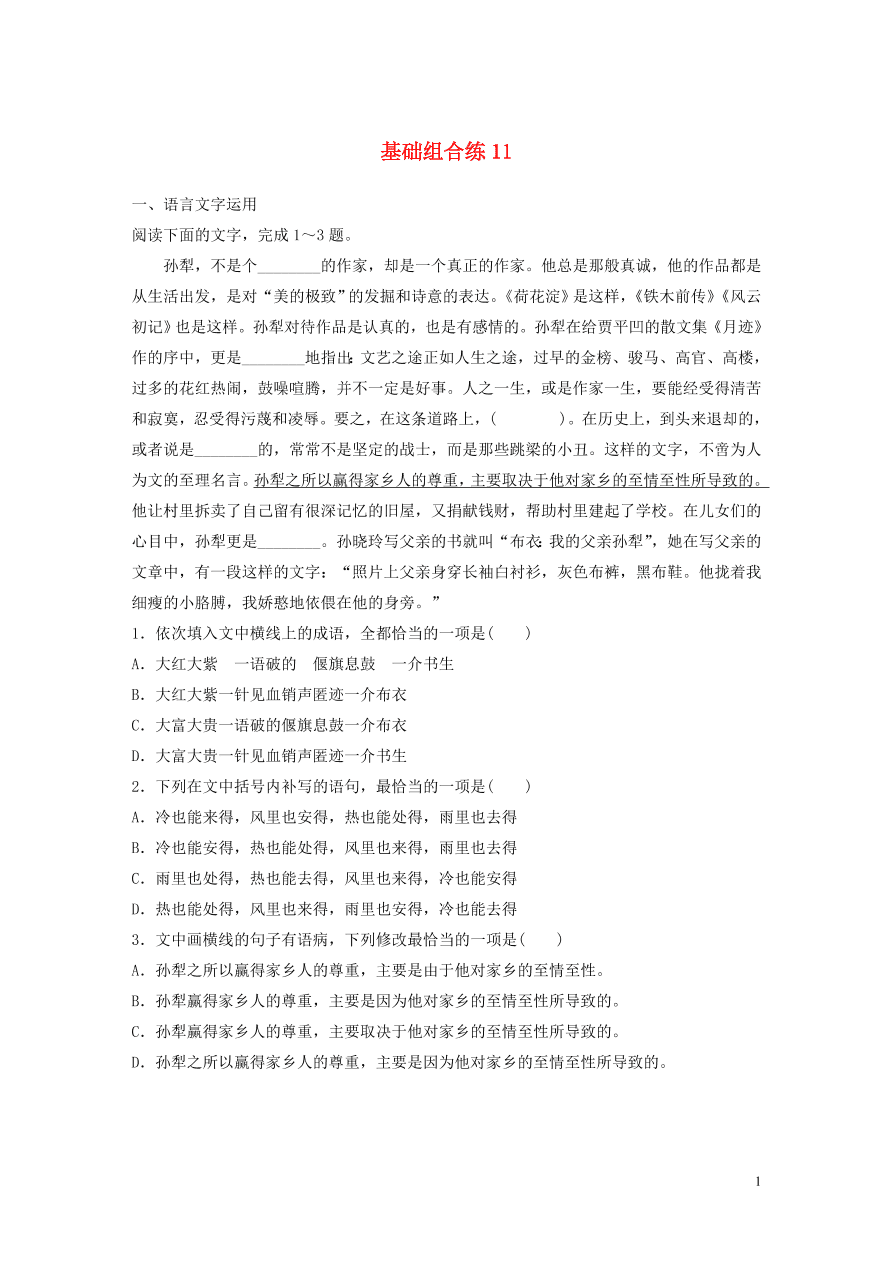 2020版高考语文一轮复习基础突破第二轮基础组合练11（含答案）