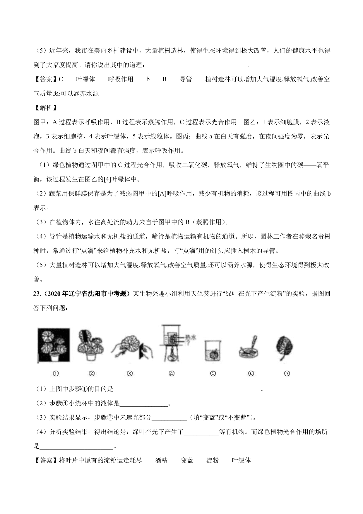 2020-2021学年中考生物真题汇编及答案：绿色植物的蒸腾作用、光合作用和呼吸作用