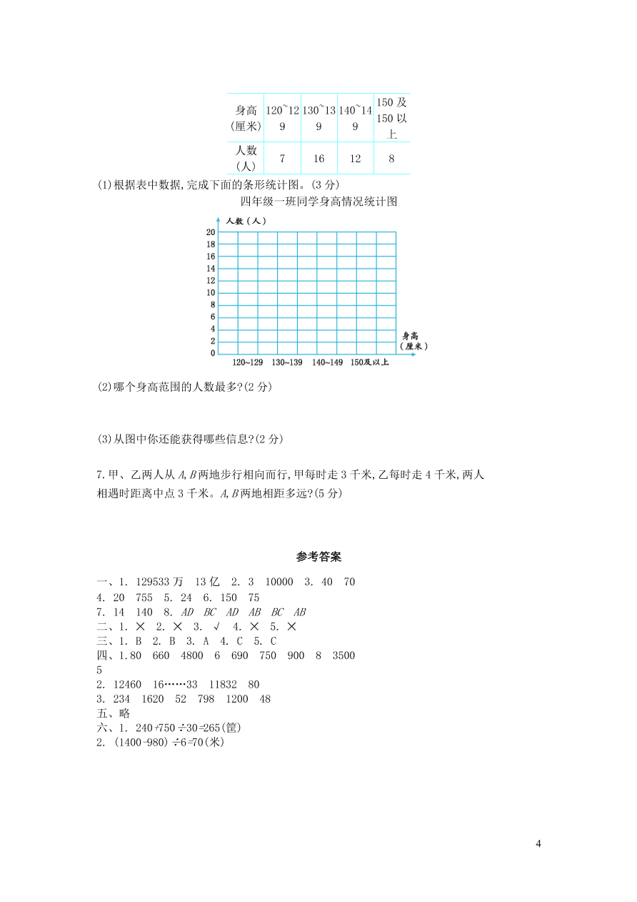 西师大版四年级数学上学期期末测试卷（附答案）