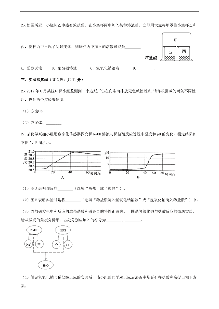 九年级化学下册专题复习 第七单元常见的酸和碱综合测试