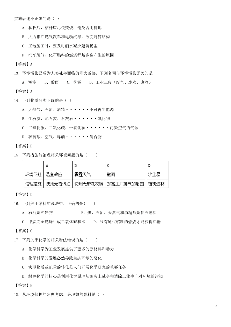 中考化学专题复习测试卷 燃料与能源的利用