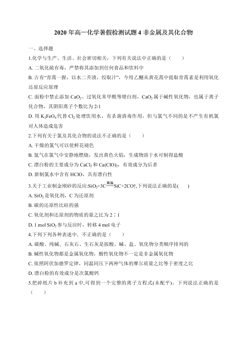 2020年高一暑假检测试题4 非金属及其化合物   