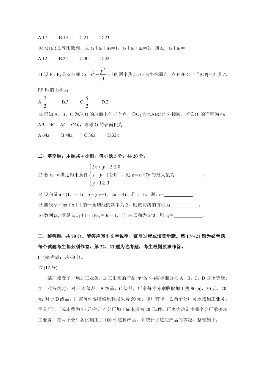 2020年高考数学文科（全国卷Ⅰ） (含答案）