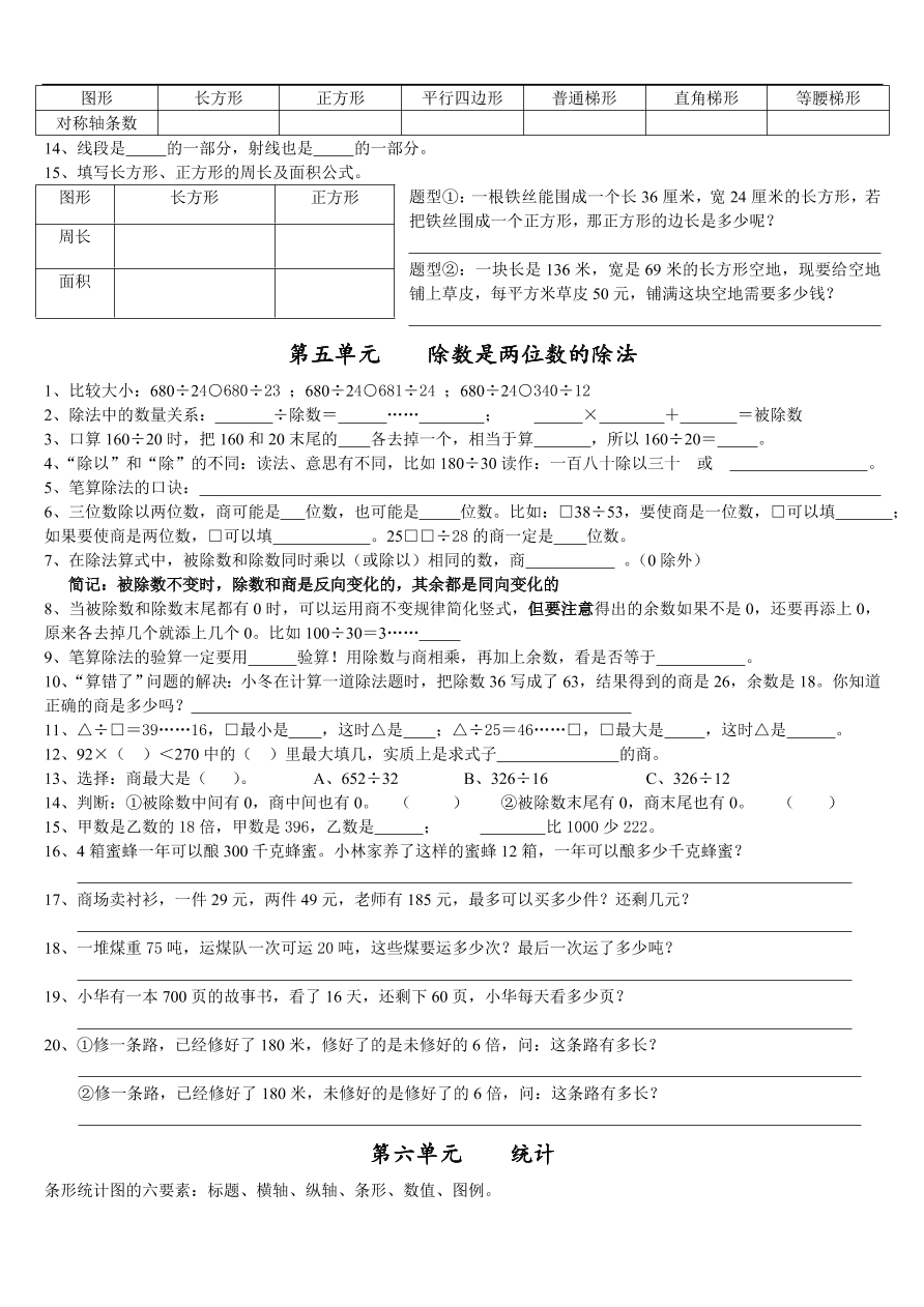 2020年人教版小学四年级数学上学期各单元期末复习