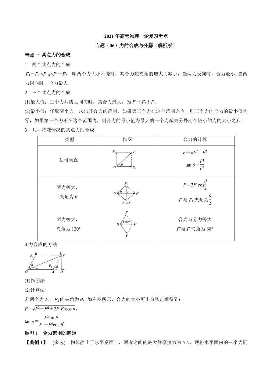 2020-2021学年高三物理一轮复习考点专题06 力的合成与分解