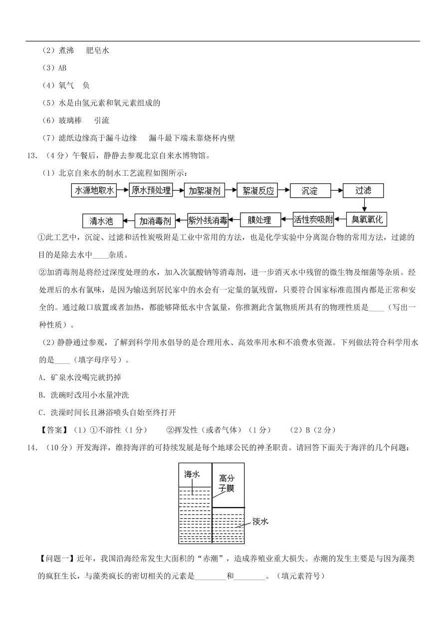 中考化学重要考点复习 自然界的水综合练习卷