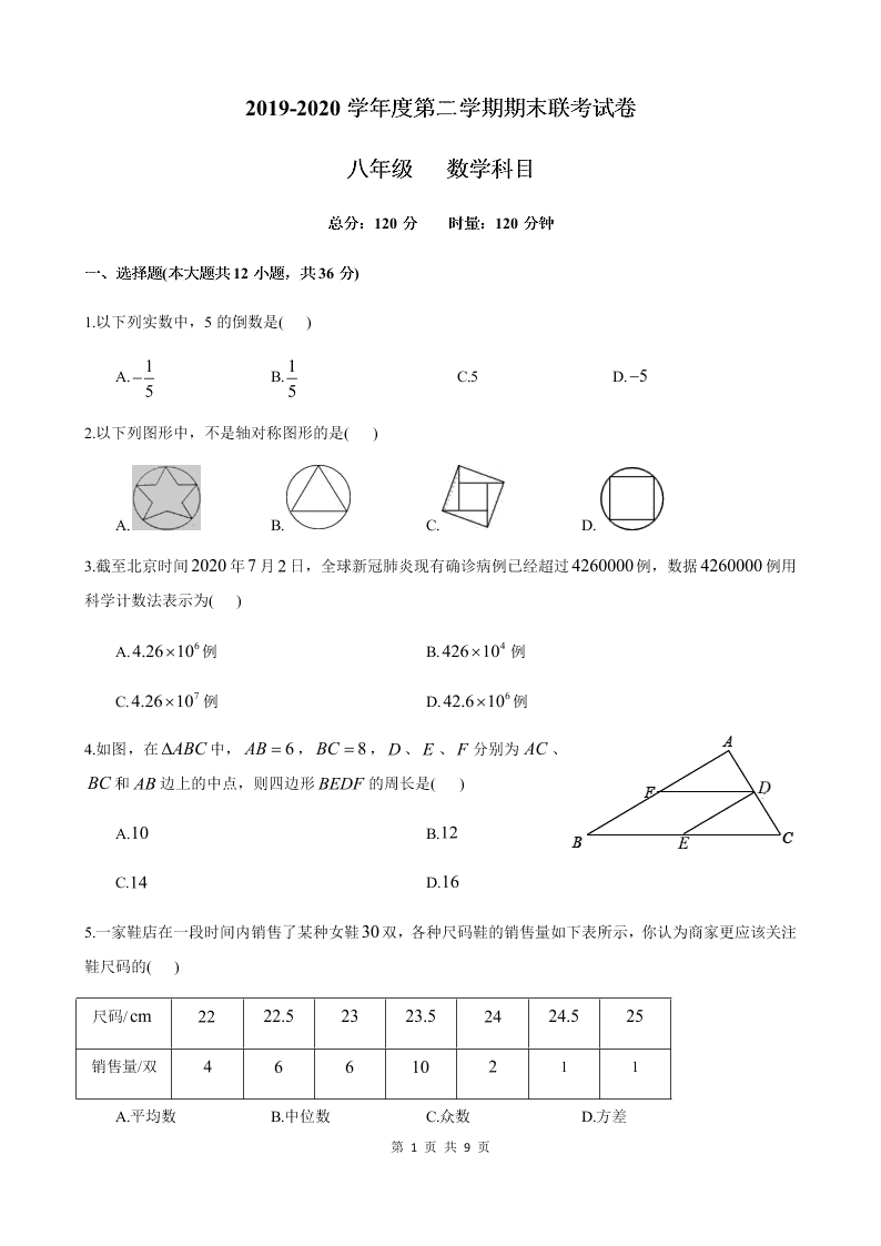 湖南省长沙市雅礼实验中学2019-2020学年度第二学期八年级年级期末考试数学试卷（ 无答案）