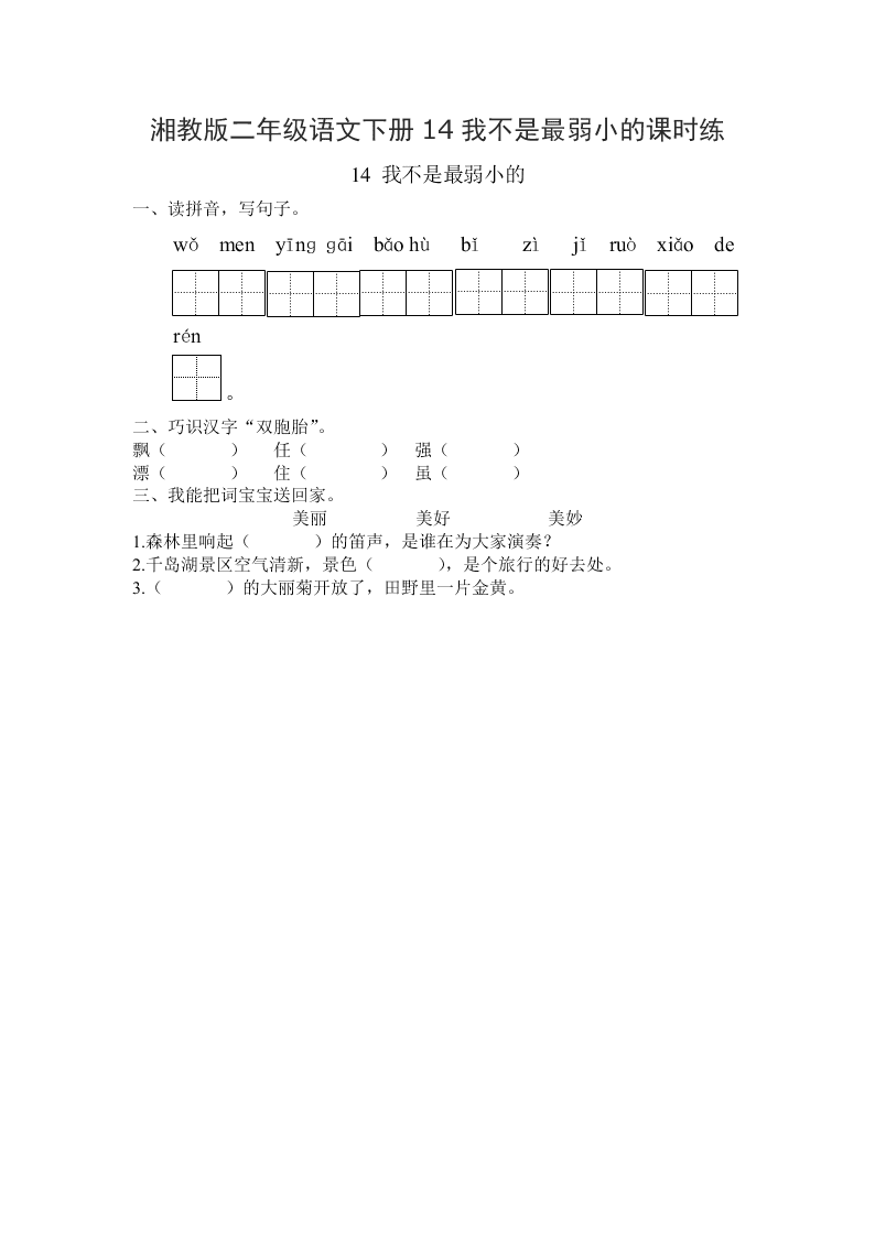 湘教版二年级语文下册14我不是最弱小的课时练