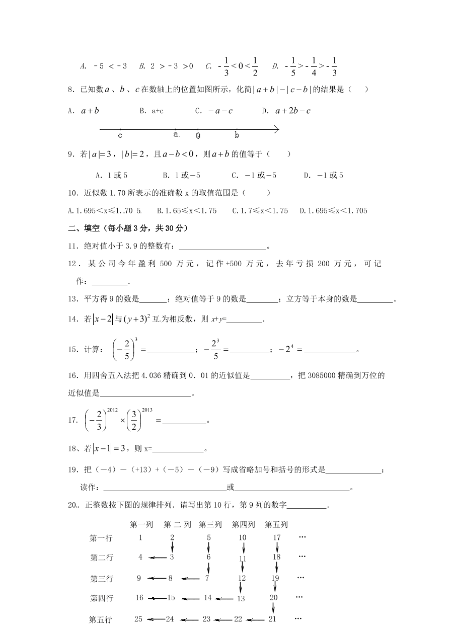 七年级数学上册寒假作业有理数一