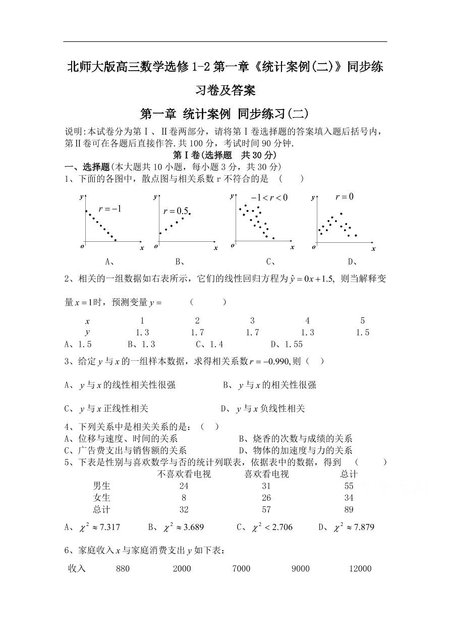 北师大版高三数学选修1-2第一章《统计案例(二)》同步练习卷及答案