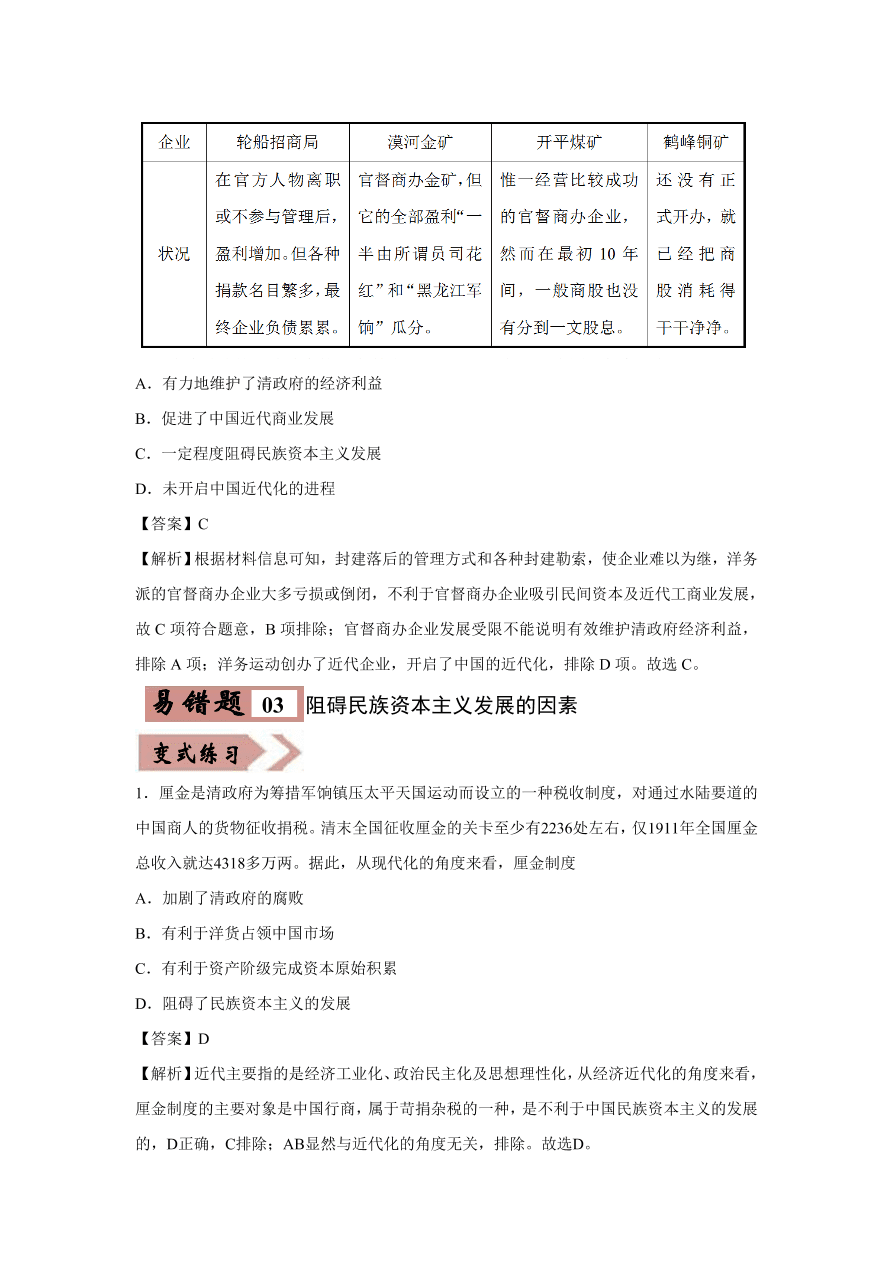 2020-2021学年高三历史一轮复习易错题09 近代中国的经济