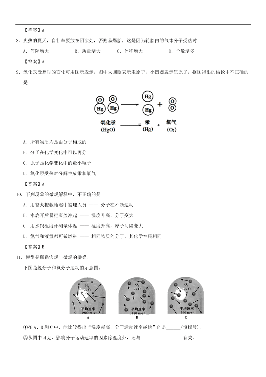 中考化学重要考点复习  分子和原子练习卷