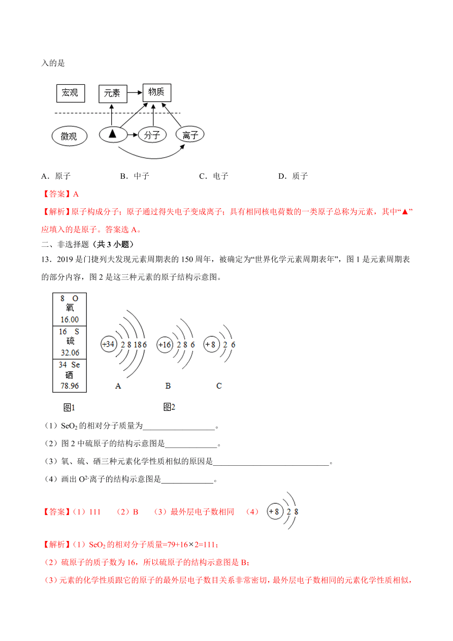 2020-2021学年初三化学课时同步练习：原子的结构、原子质量的计算