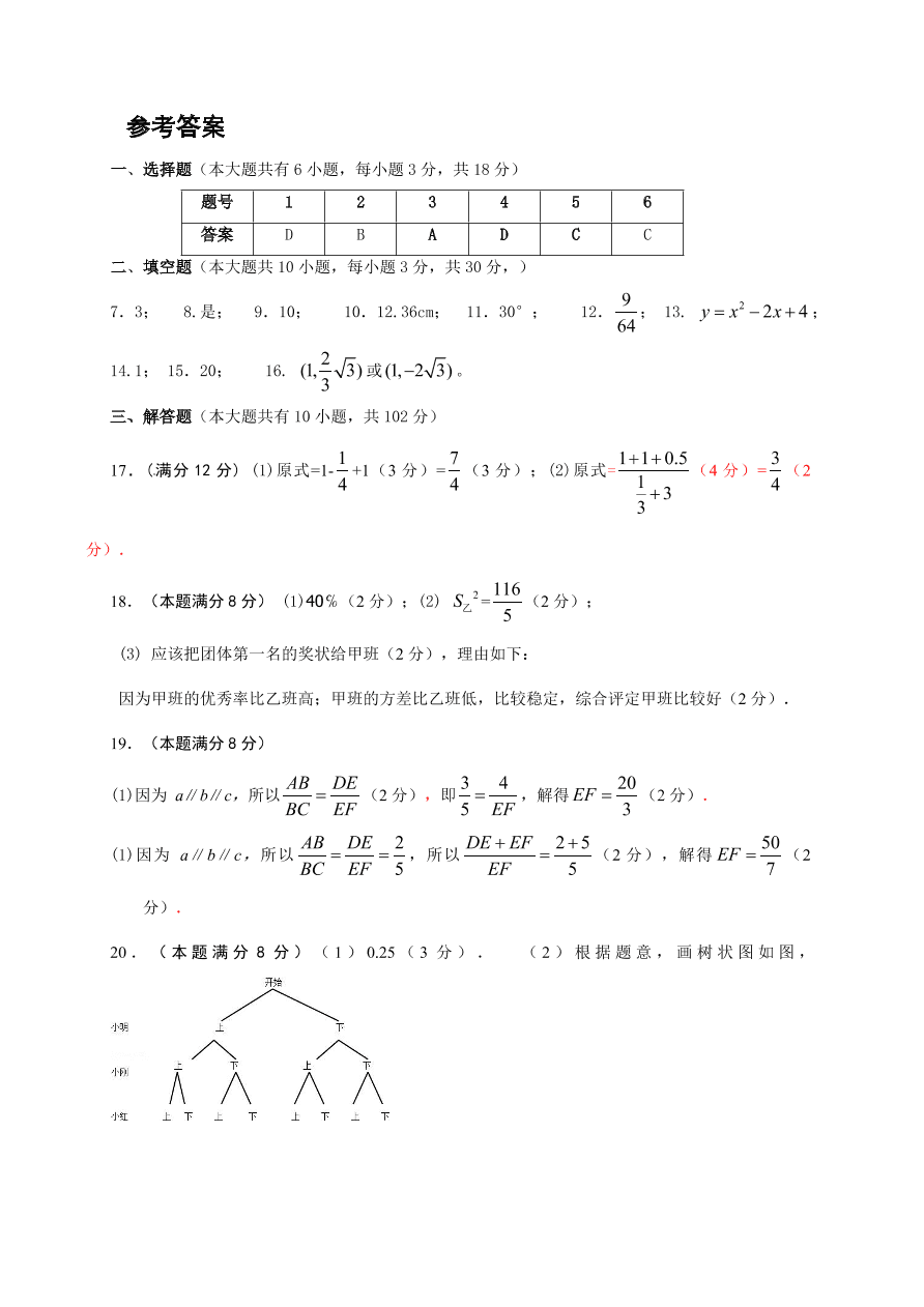 兴化市顾庄学区秋学期九年级数学期末试卷及答案