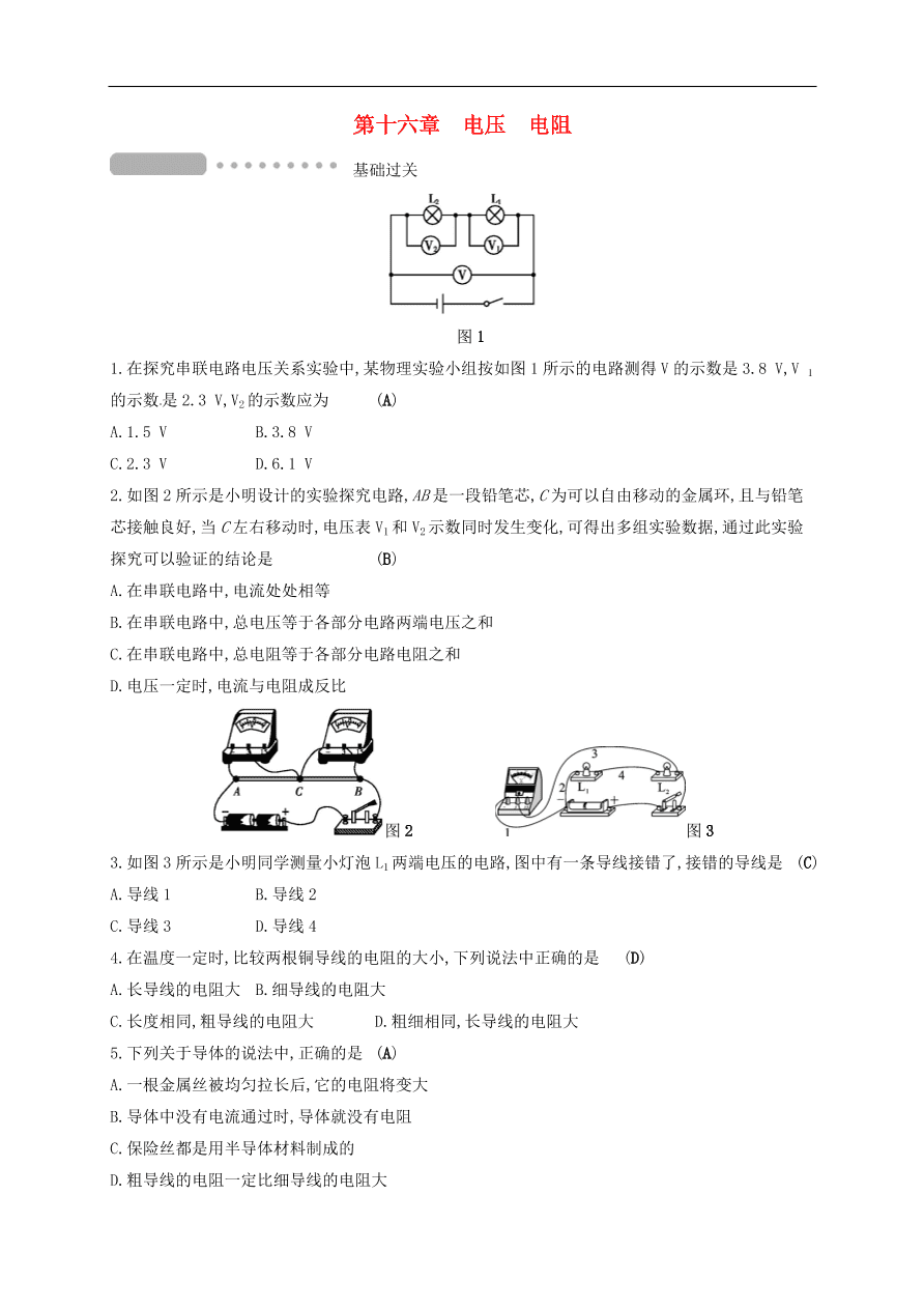  新人教版九年级中考物理  第十六章 电压 电阻复习测试