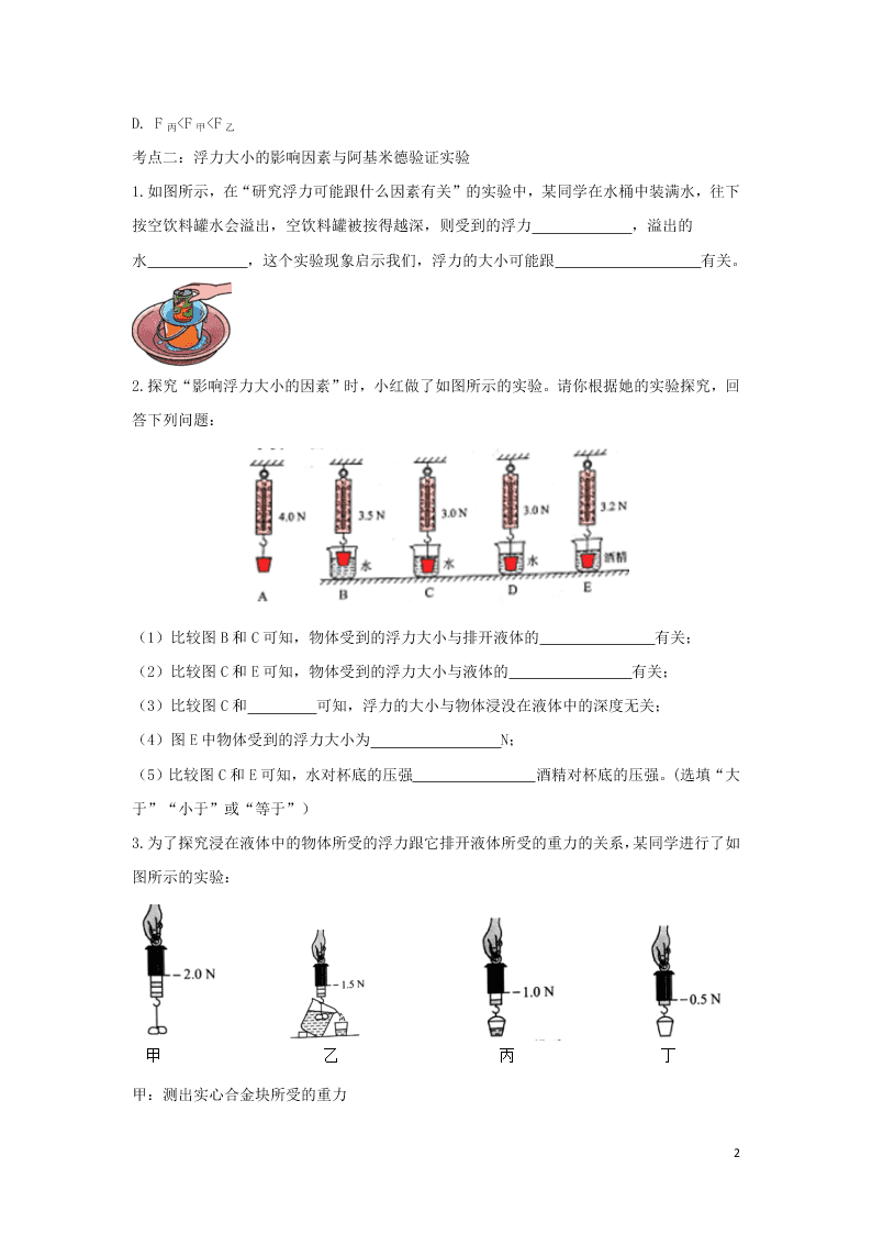 2020中考物理考点提升训练专题十三浮力试题（附答案）