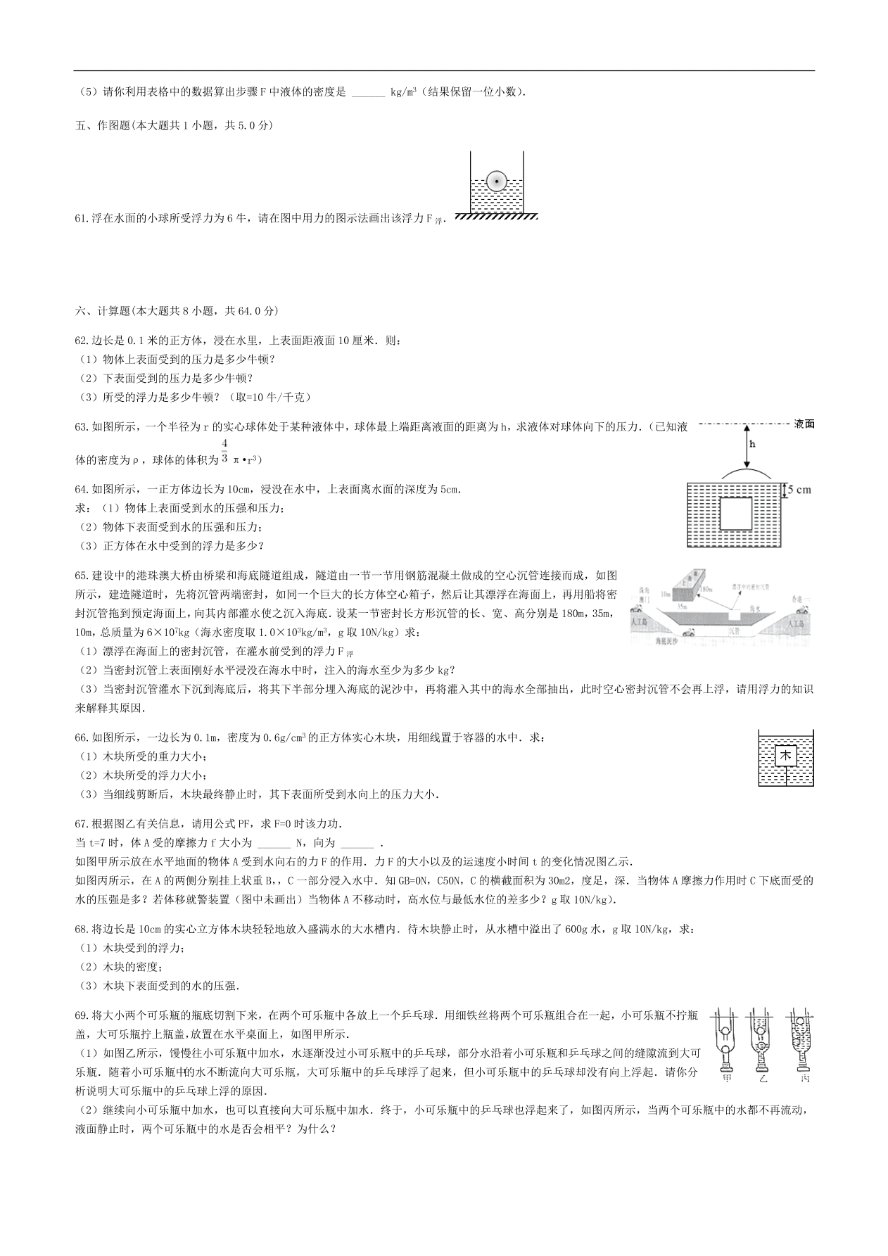 九年级中考物理复习专项练习——浮力及其产生原因