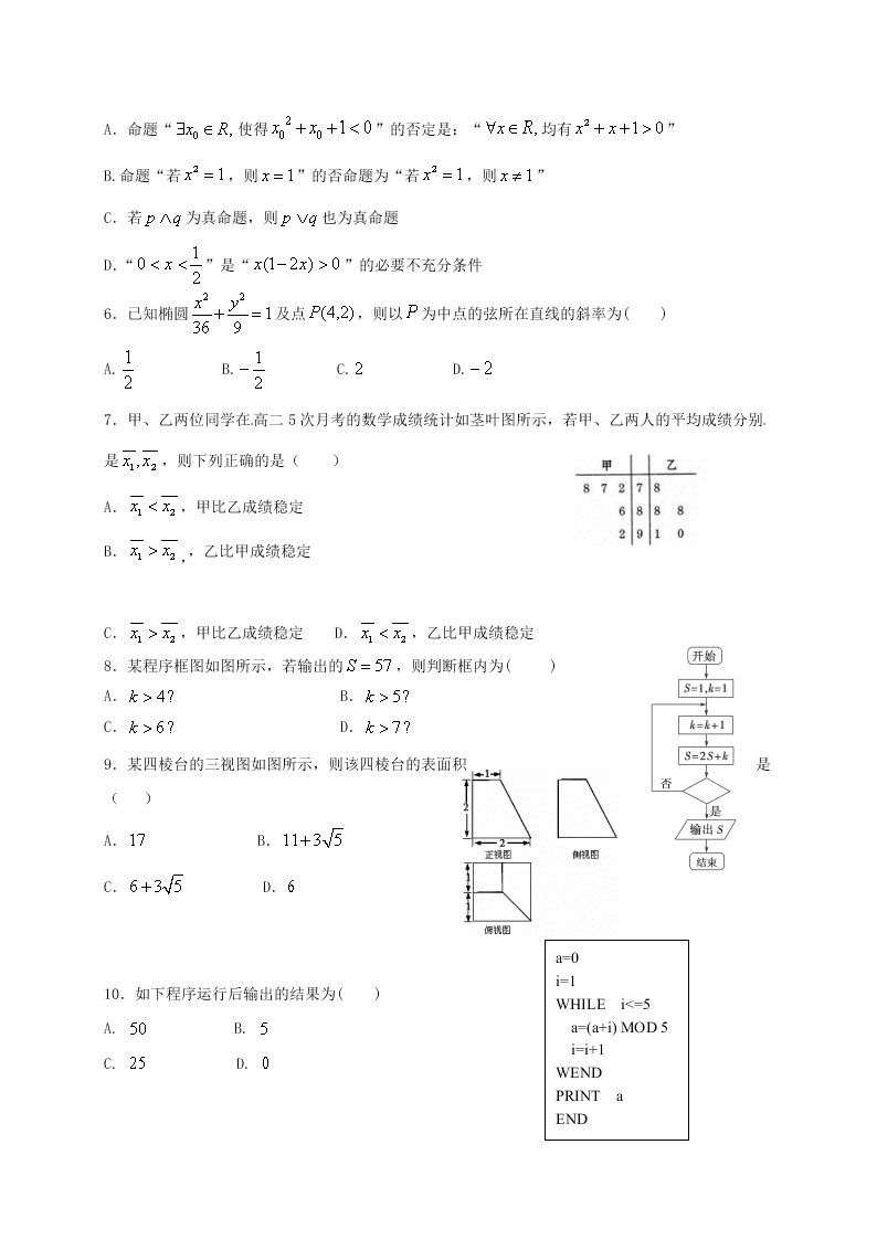 哈尔滨市第六中学高二上学期数学（理）期末试题及答案