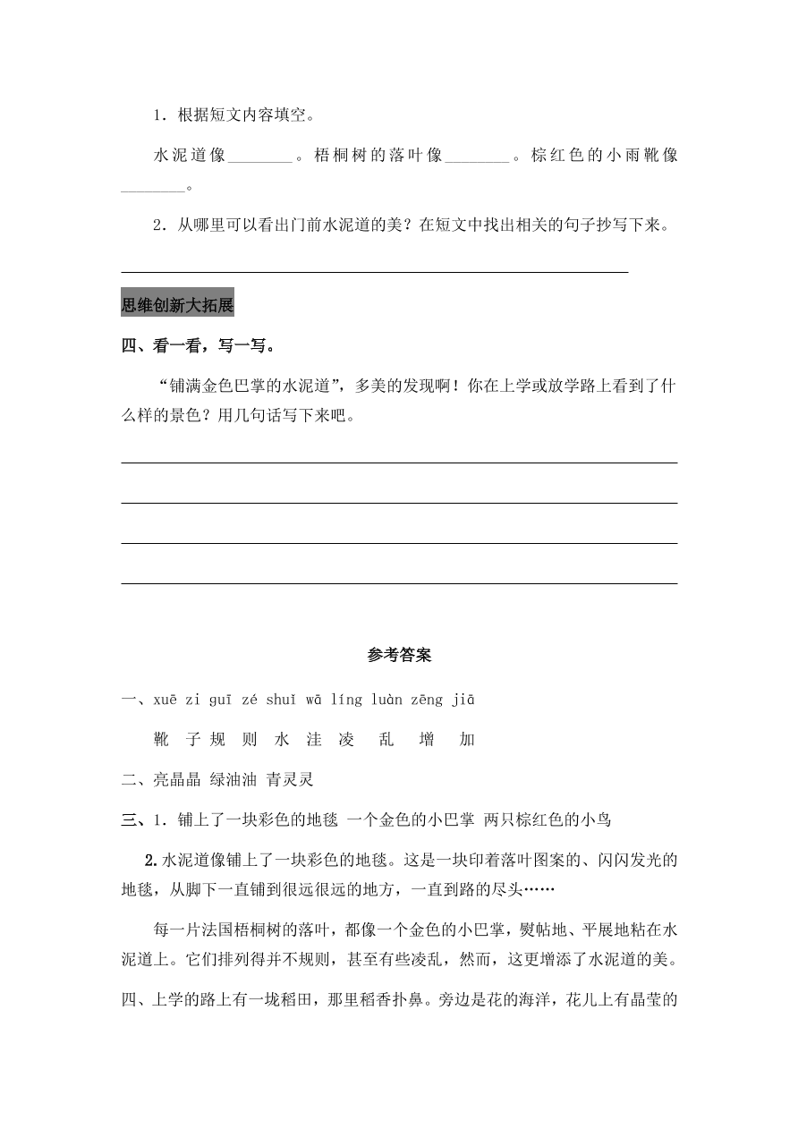 人教部编版三年级语文上册5铺满金色巴掌的水泥道课后习题及答案