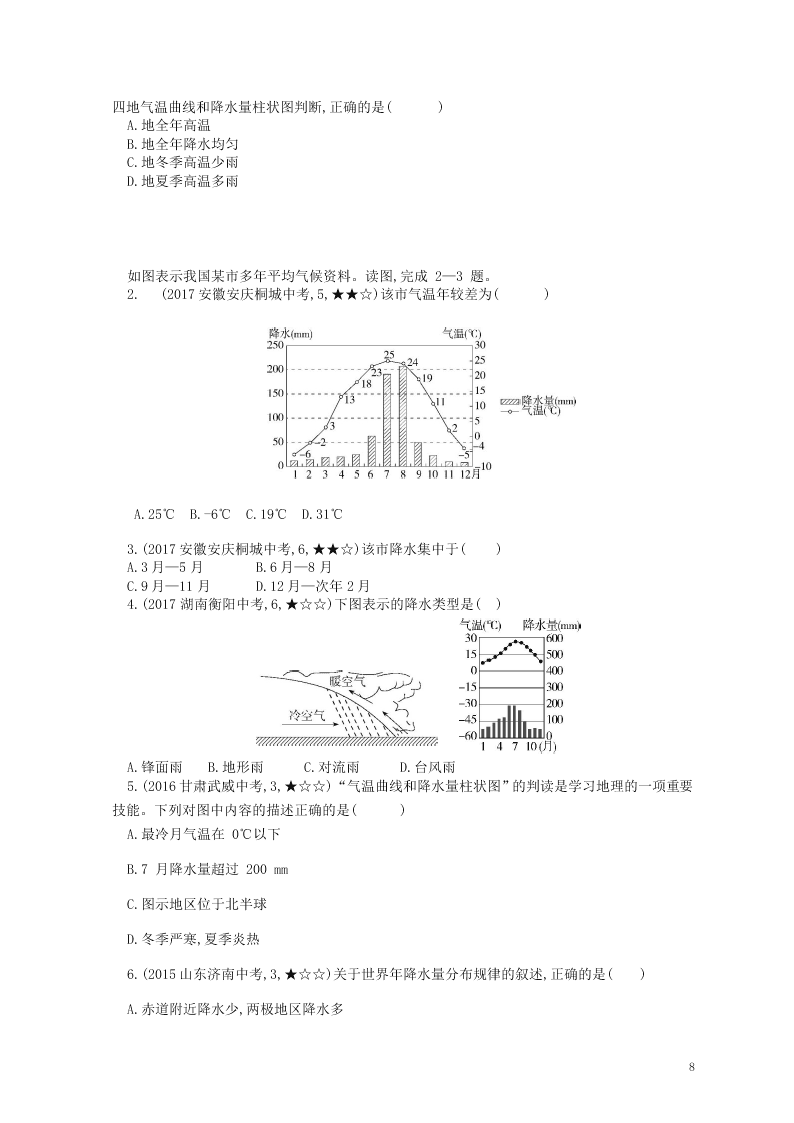 七年级地理上册第三章天气与气候第三节降水的变化与分布资源拓展试题（附解析新人教版）