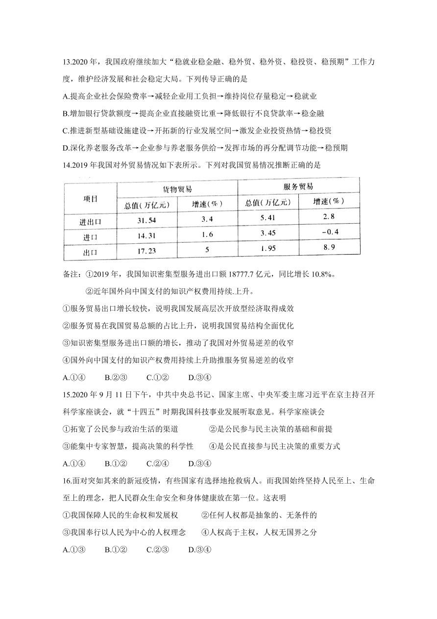 安徽省江淮十校2021届高三政治11月检测试题（Word版附答案）