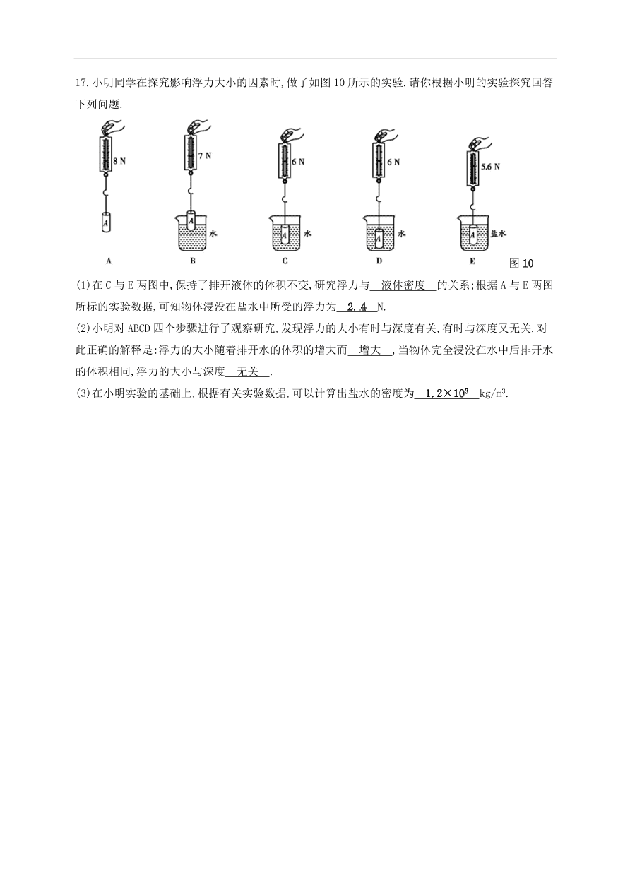  新人教版九年级中考物理  第十章 浮力复习测试