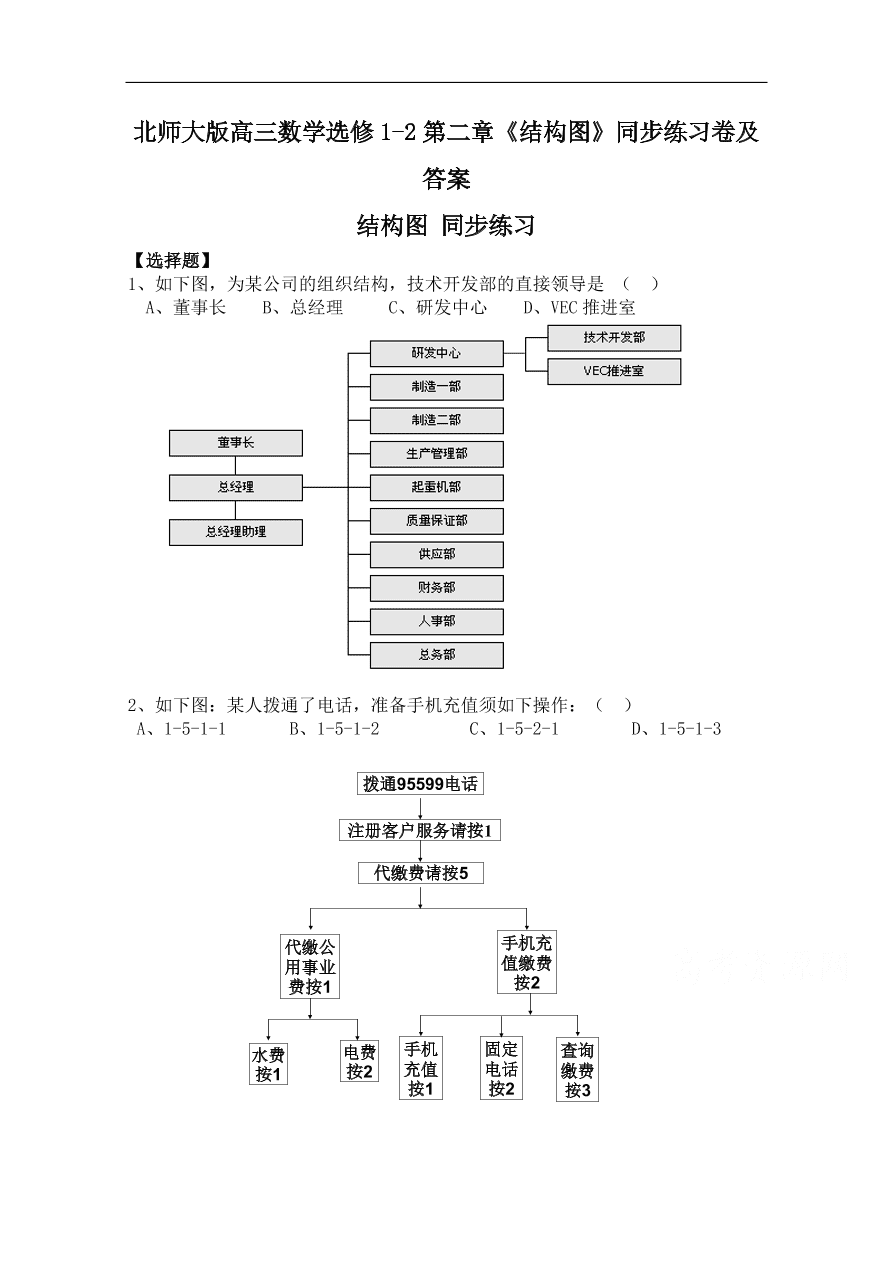 北师大版高三数学选修1-2第二章《结构图》同步练习卷及答案