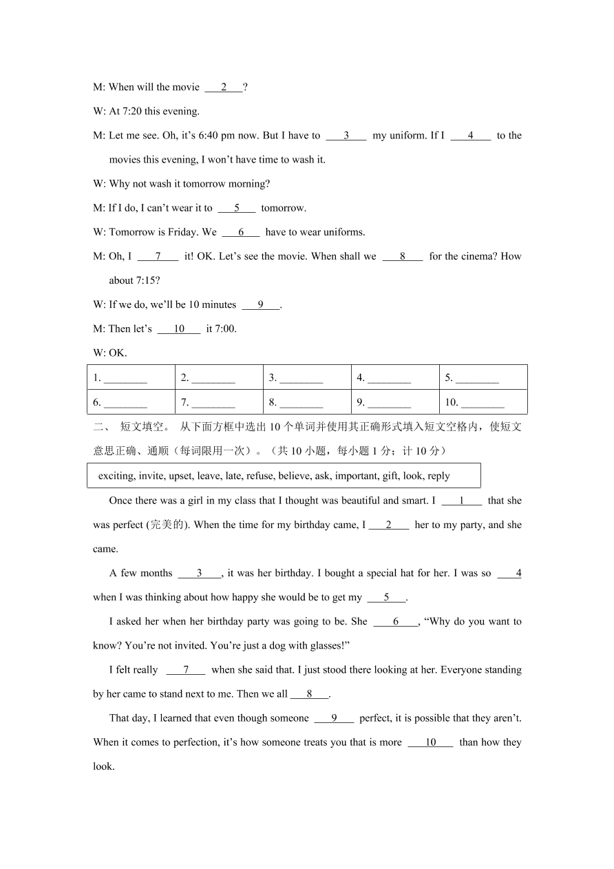 2020-2021学年人教新目标初二英语上册单元测试卷 Unit 10