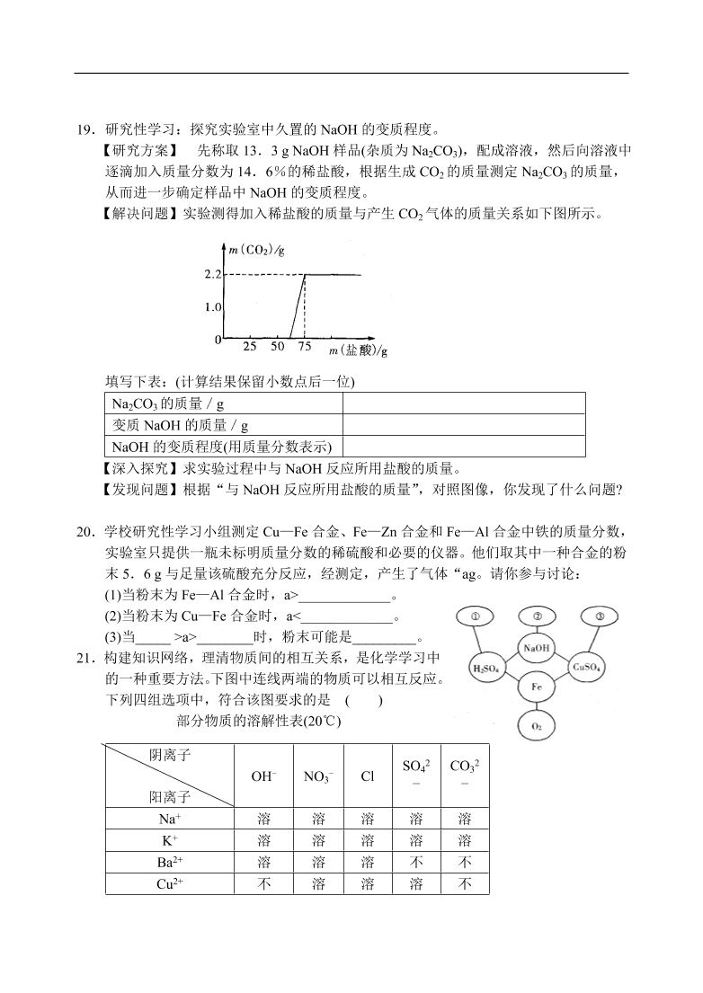 九年级化学专题复习   常见的酸和碱 练习