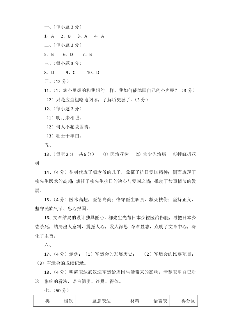 七年级第二学期三月调研考试语文