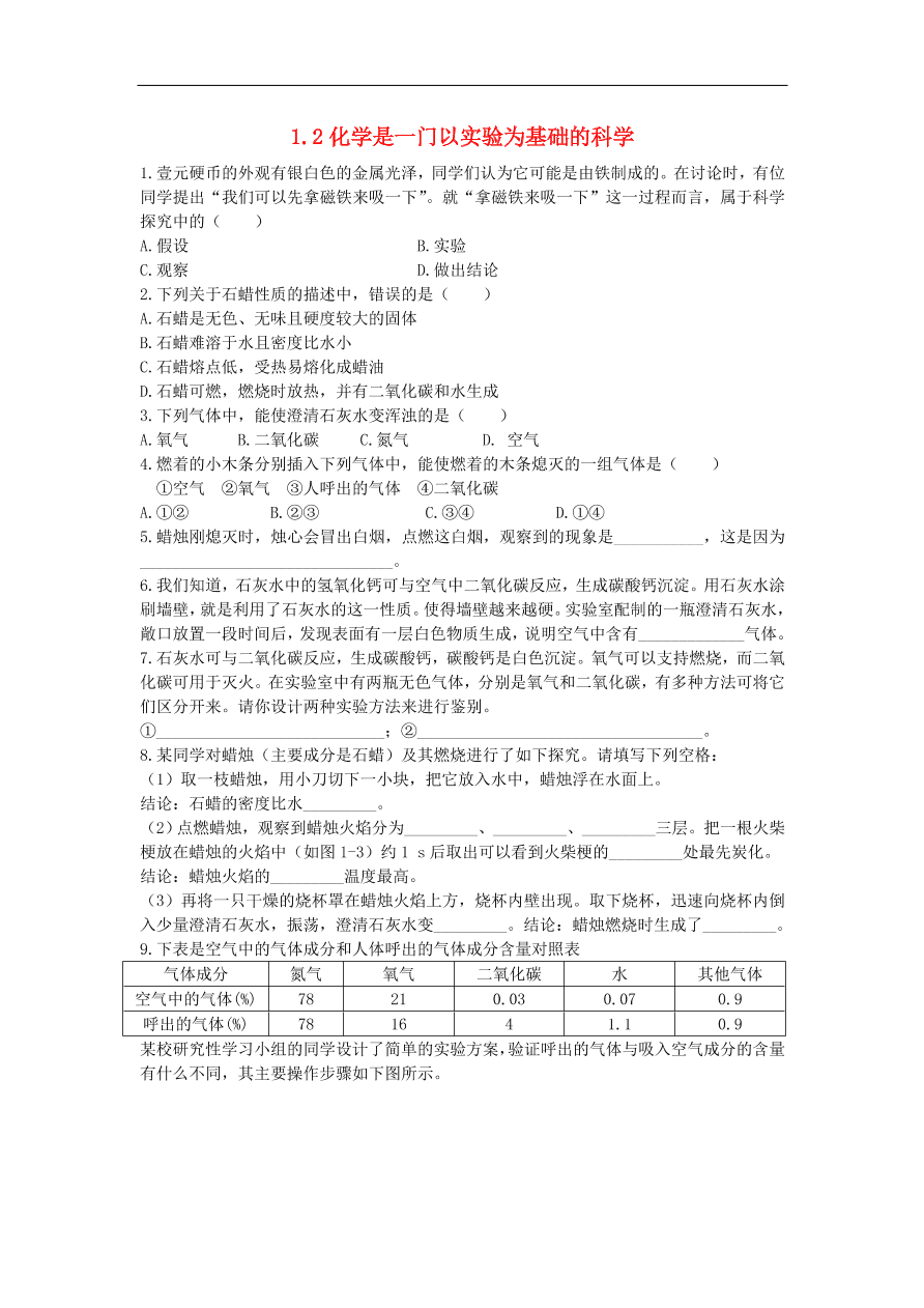 新人教版 九年级化学上册 1.2化学是一门以实验为基础的科学 专题复习