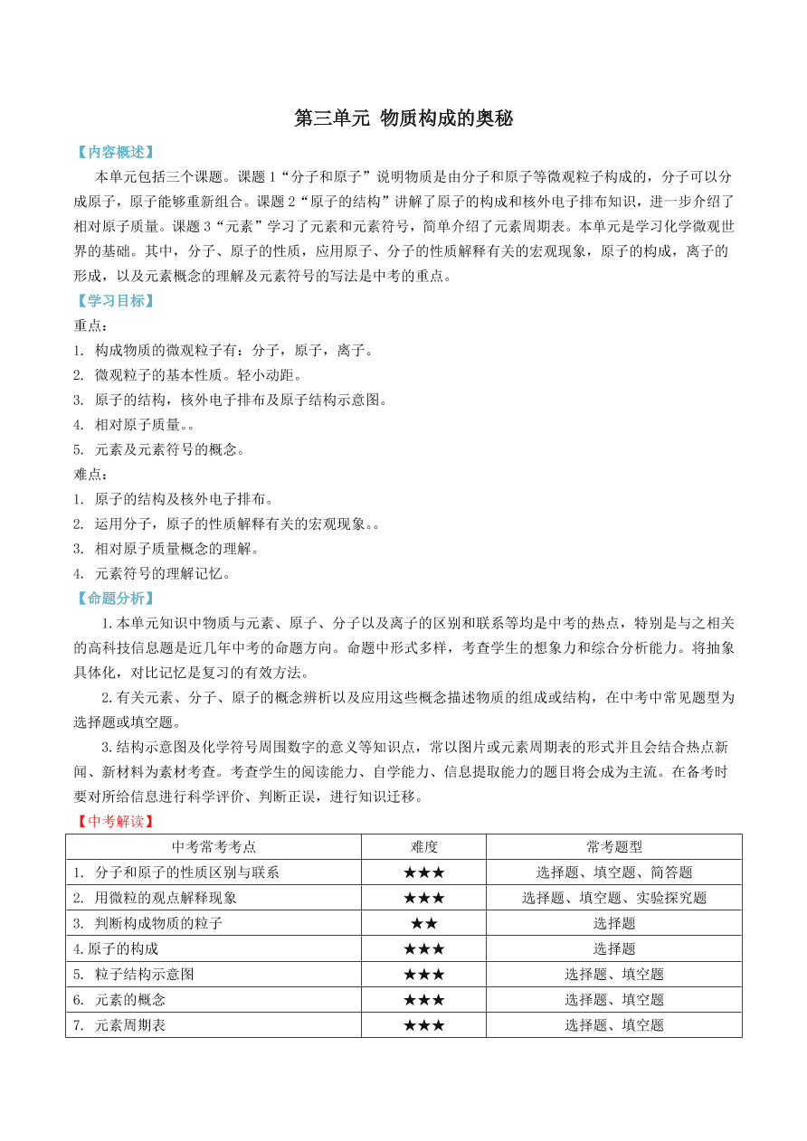 2020-2021九年级化学上册第三单元物质构成的奥秘知识及考点（附解析新人教版）